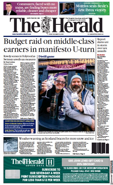 The Herald Newspaper Front Page (UK) for 16 December 2022