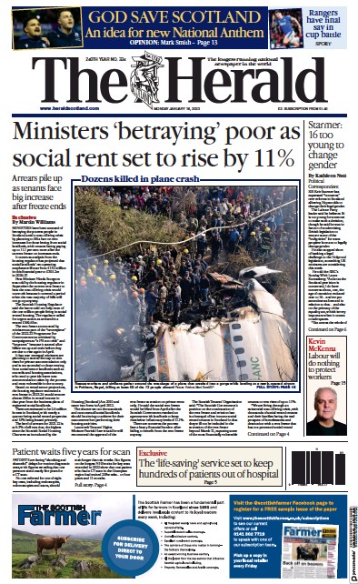 The Herald Newspaper Front Page (UK) for 16 January 2023