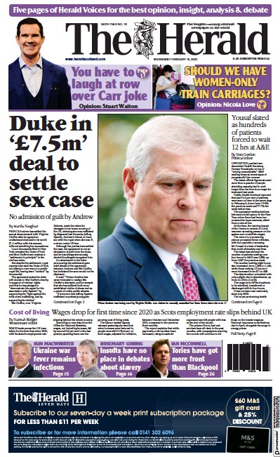 The Herald Newspaper Front Page (UK) for 16 February 2022