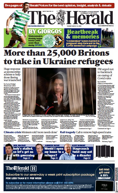 The Herald Newspaper Front Page (UK) for 16 March 2022