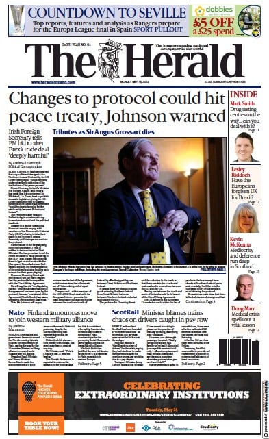 The Herald Newspaper Front Page (UK) for 16 May 2022