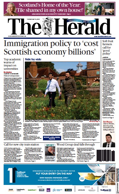 The Herald Newspaper Front Page (UK) for 16 May 2023