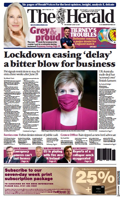 The Herald Newspaper Front Page (UK) for 16 June 2021