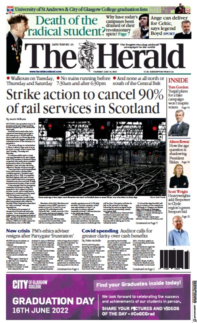 The Herald Newspaper Front Page (UK) for 16 June 2022