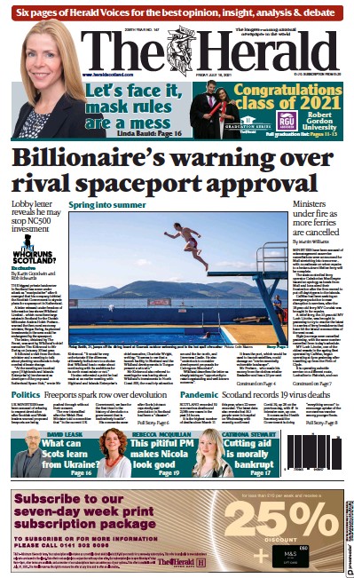 The Herald Newspaper Front Page (UK) for 16 July 2021