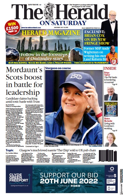 The Herald Newspaper Front Page (UK) for 16 July 2022