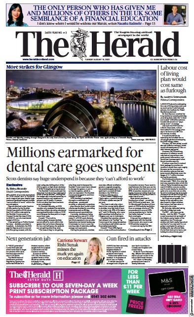 The Herald Newspaper Front Page (UK) for 16 August 2022