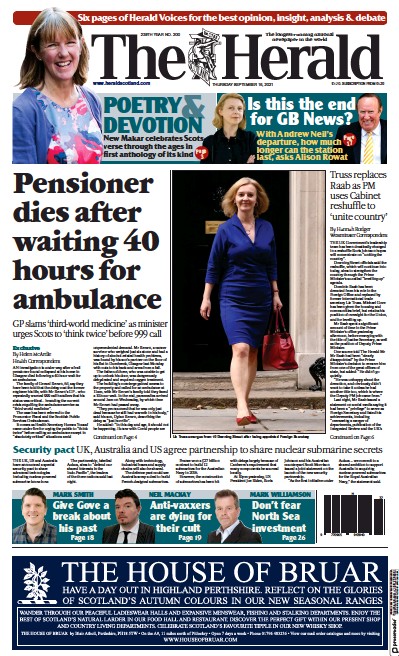 The Herald Newspaper Front Page (UK) for 16 September 2021