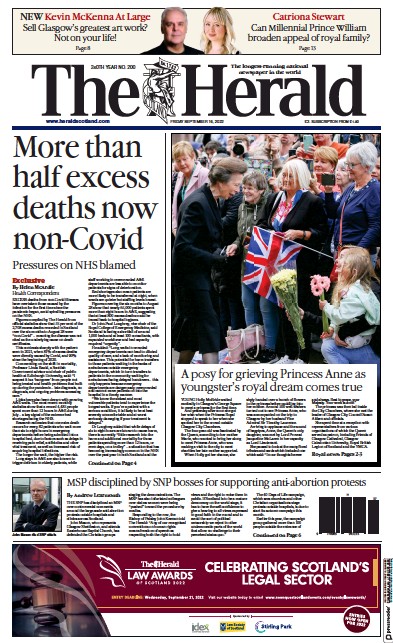 The Herald Newspaper Front Page (UK) for 16 September 2022