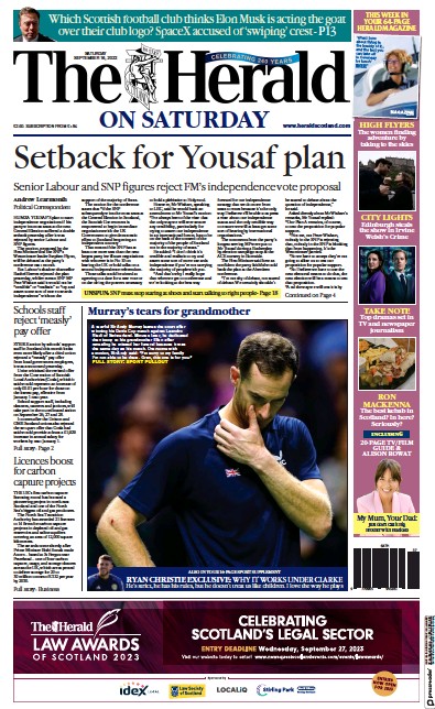 The Herald Newspaper Front Page (UK) for 16 September 2023