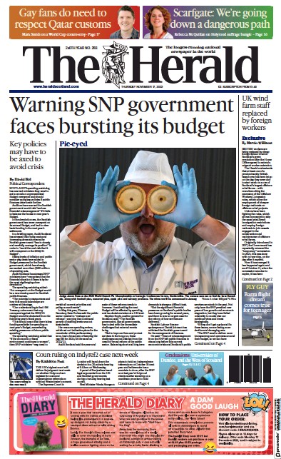 The Herald Newspaper Front Page (UK) for 17 November 2022