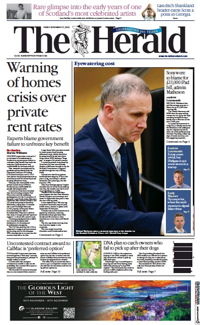 The Herald Newspaper Front Page (UK) for 17 November 2023
