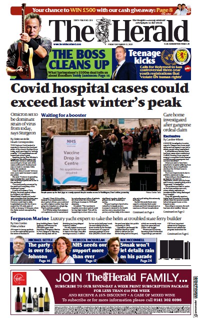 The Herald Newspaper Front Page (UK) for 17 December 2021