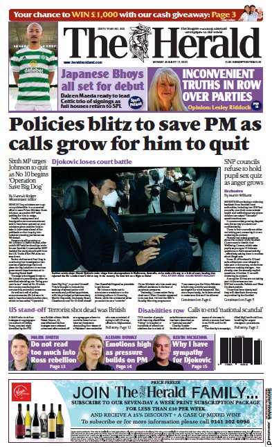 The Herald Newspaper Front Page (UK) for 17 January 2022