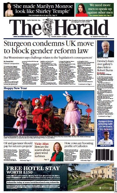 The Herald Newspaper Front Page (UK) for 17 January 2023