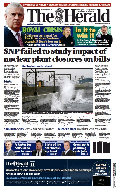 The Herald Newspaper Front Page (UK) for 17 February 2022