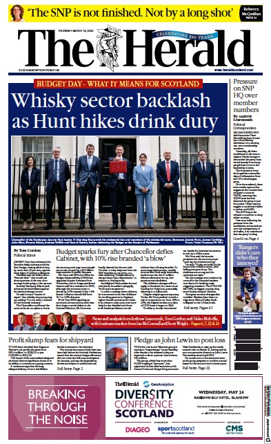 The Herald Newspaper Front Page (UK) for 17 March 2023