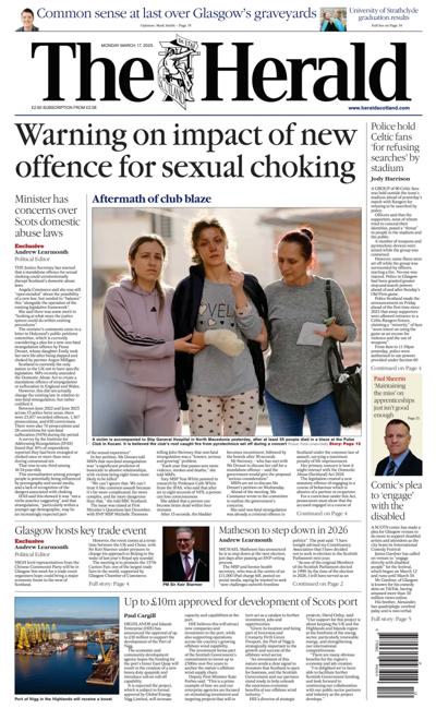 The Herald Newspaper Front Page (UK) for 17 March 2025
