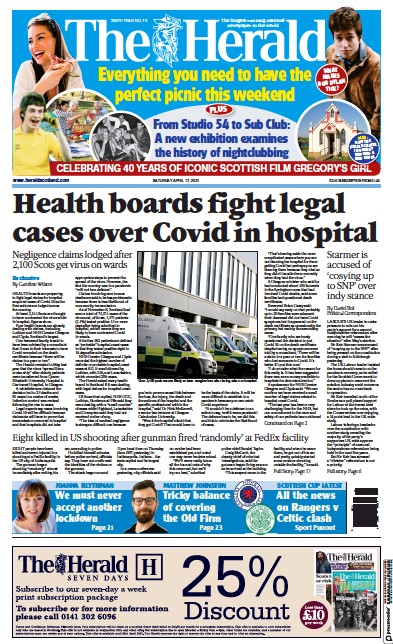 The Herald Newspaper Front Page (UK) for 17 April 2021