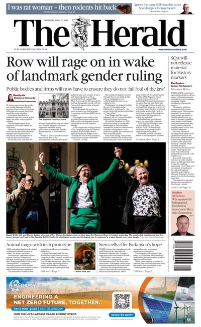 The Herald Newspaper Front Page (UK) for 17 April 2025