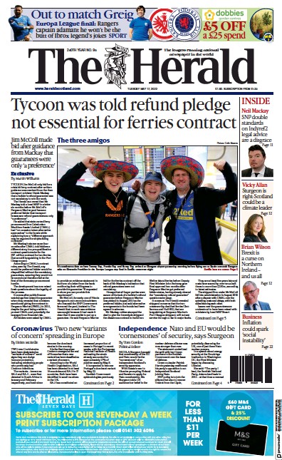 The Herald Newspaper Front Page (UK) for 17 May 2022