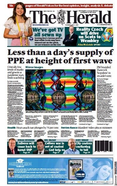 The Herald Newspaper Front Page (UK) for 17 June 2021