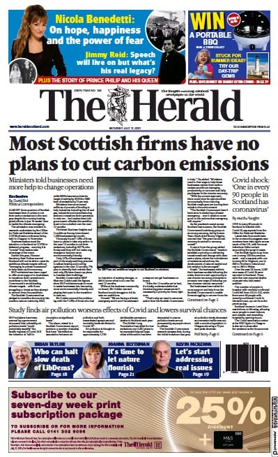 The Herald Newspaper Front Page (UK) for 17 July 2021