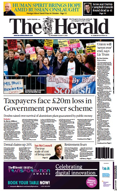 The Herald Newspaper Front Page (UK) for 17 August 2022