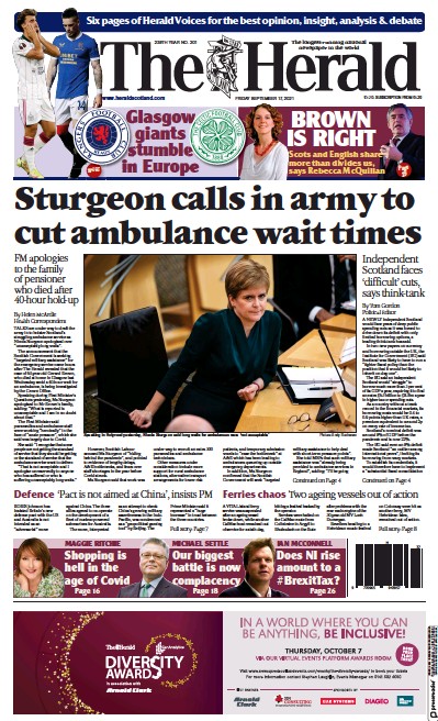 The Herald Newspaper Front Page (UK) for 17 September 2021