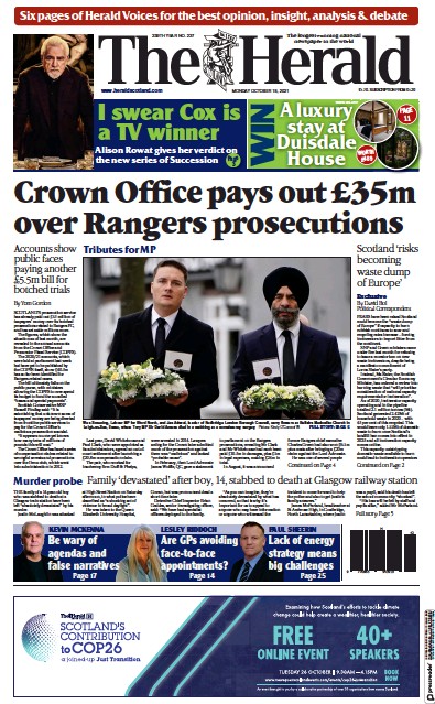 The Herald Newspaper Front Page (UK) for 18 October 2021