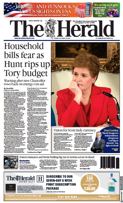 The Herald Newspaper Front Page (UK) for 18 October 2022
