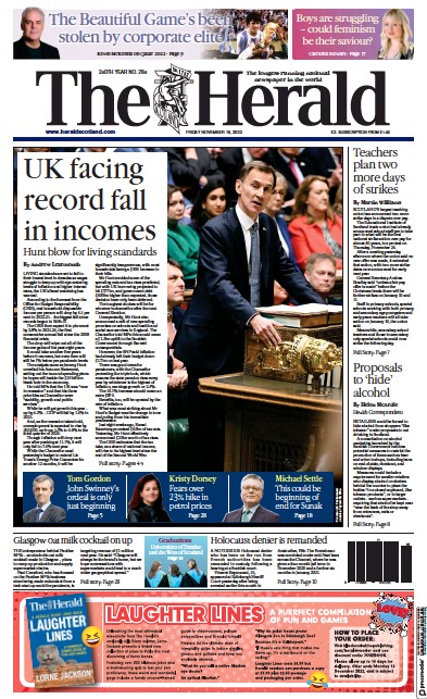 The Herald Newspaper Front Page (UK) for 18 November 2022