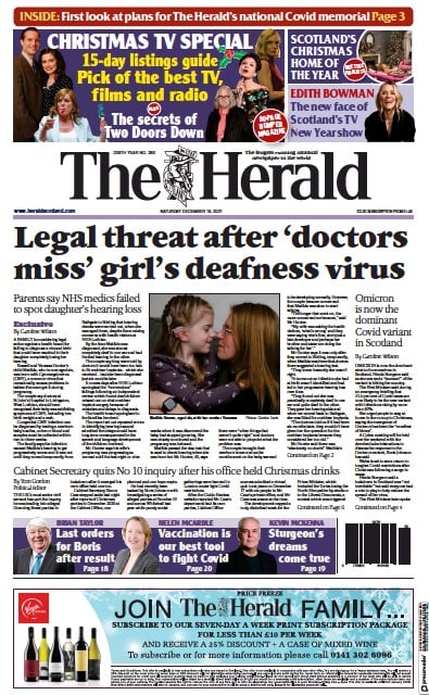 The Herald Newspaper Front Page (UK) for 18 December 2021