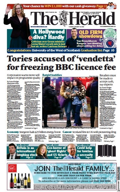 The Herald Newspaper Front Page (UK) for 18 January 2022