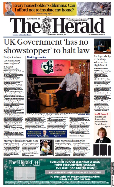 The Herald Newspaper Front Page (UK) for 18 January 2023