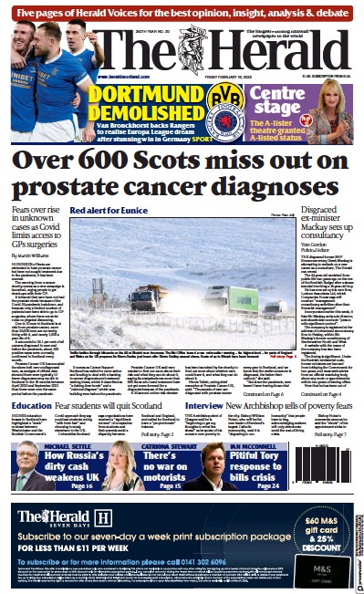 The Herald Newspaper Front Page (UK) for 18 February 2022