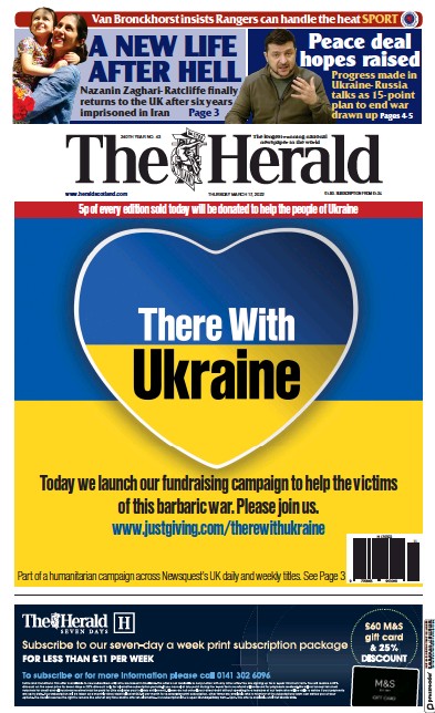 The Herald Newspaper Front Page (UK) for 18 March 2022
