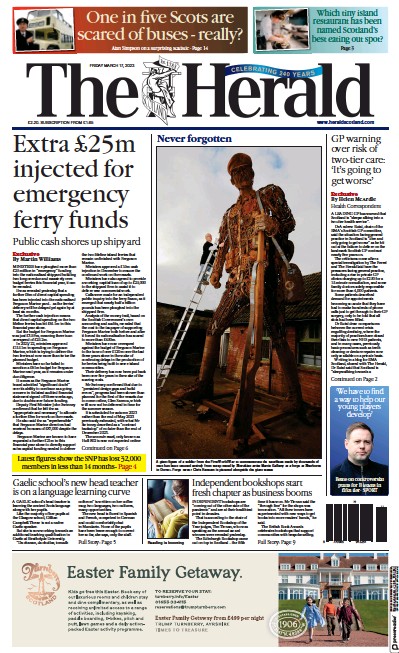 The Herald Newspaper Front Page (UK) for 18 March 2023