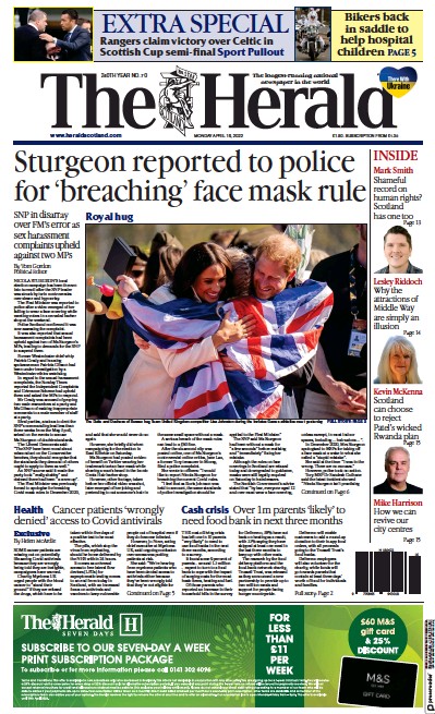 The Herald Newspaper Front Page (UK) for 18 April 2022