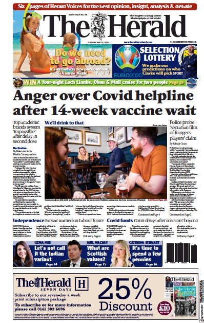 The Herald Newspaper Front Page (UK) for 18 May 2021