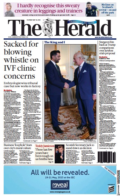 The Herald Newspaper Front Page (UK) for 18 May 2023