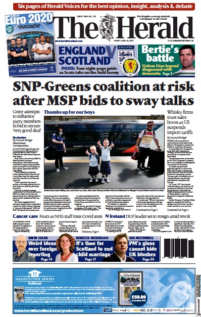 The Herald Newspaper Front Page (UK) for 18 June 2021