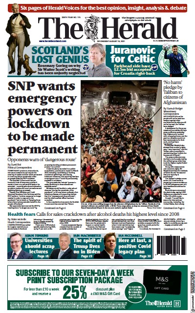 The Herald Newspaper Front Page (UK) for 18 August 2021