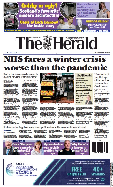 The Herald Newspaper Front Page (UK) for 18 September 2021