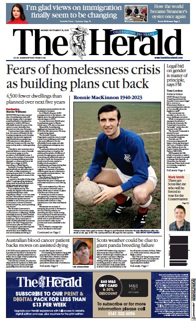 The Herald Newspaper Front Page (UK) for 18 September 2023