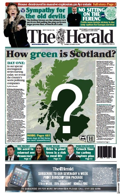The Herald Newspaper Front Page (UK) for 19 October 2021