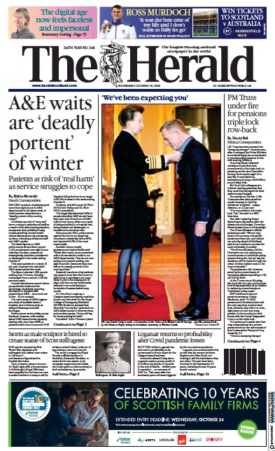 The Herald Newspaper Front Page (UK) for 19 October 2022