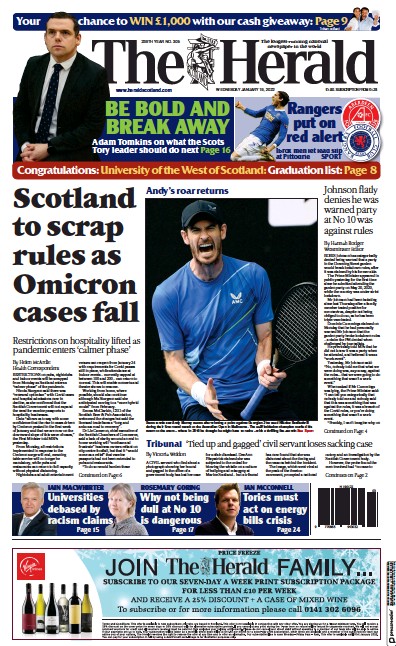 The Herald Newspaper Front Page (UK) for 19 January 2022