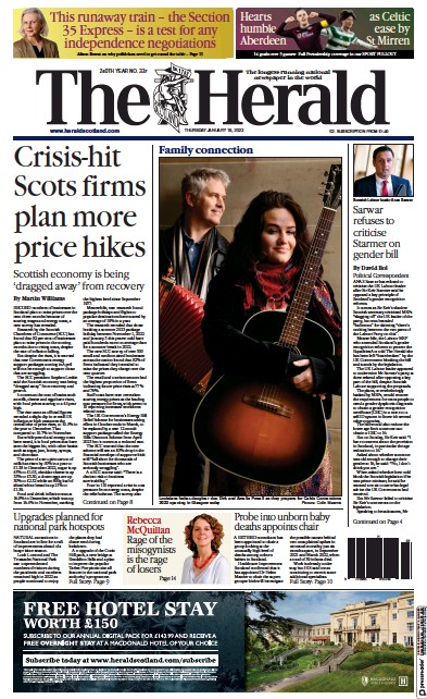 The Herald Newspaper Front Page (UK) for 19 January 2023