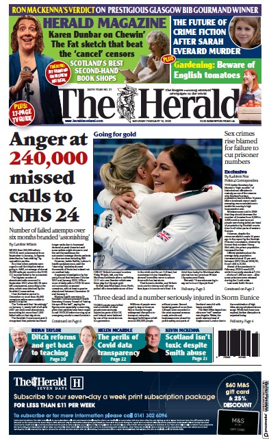 The Herald Newspaper Front Page (UK) for 19 February 2022